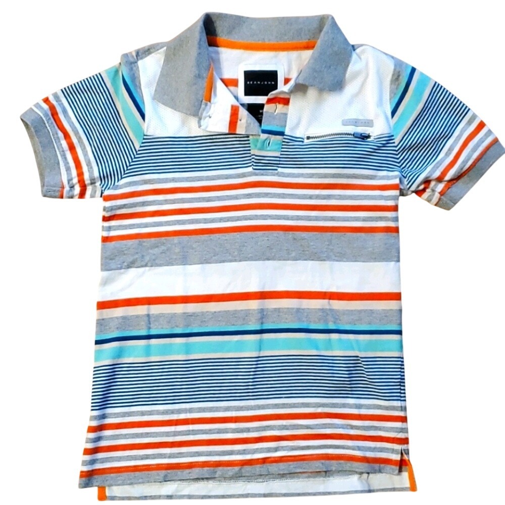 Sean John Boys Striped Orangle and Grey Short Sleeve‎ Polo Shirt Size Medium
